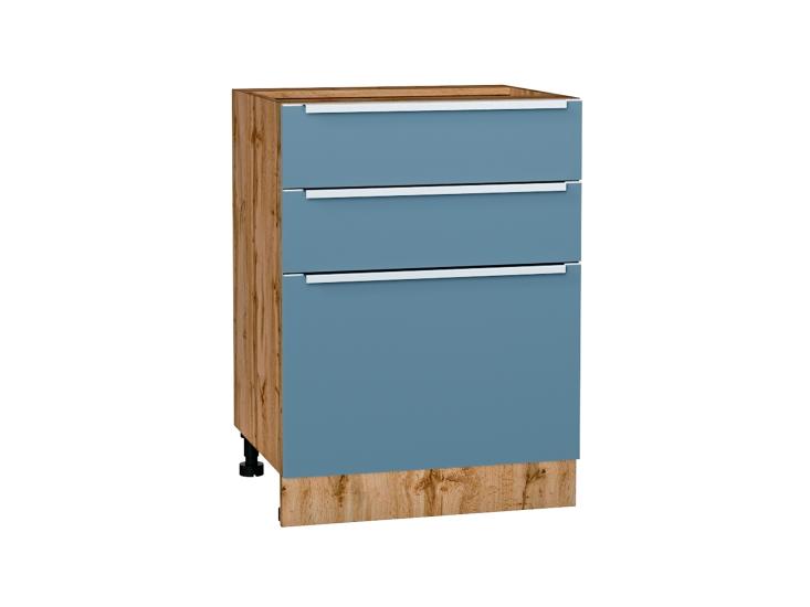 Шкаф нижний Фьюжн 600 с 3-мя ящиками Silky Blue / Дуб Вотан