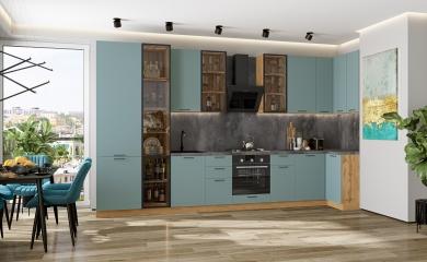 Угловая кухня Флэт-05 (полки ЛДСП) Grey-green In 2S / Дуб Вотан