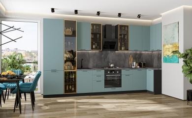 Угловая кухня Флэт-05 (полки ЛДСП) Grey-green In 2S / Graphite