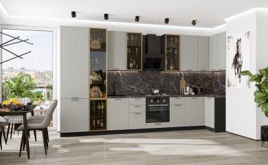 Угловая кухня Флэт-05 (полки ЛДСП) Light Grey In 2S / Graphite