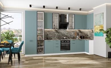 Угловая кухня Флэт-05 (полки Стекло) Grey-green In 2S / Белый