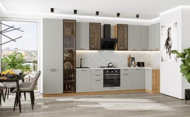 Угловая кухня Флэт-05 (полки Стекло) Light Grey In 2S / Дуб Вотан