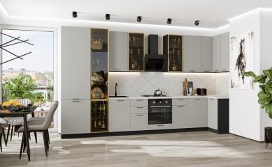 Угловая кухня Флэт-05 (полки Стекло) Light Grey In 2S / Graphite