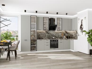 Угловая кухня Флэт-05 (полки ЛДСП) Light Grey In 2S / Белый