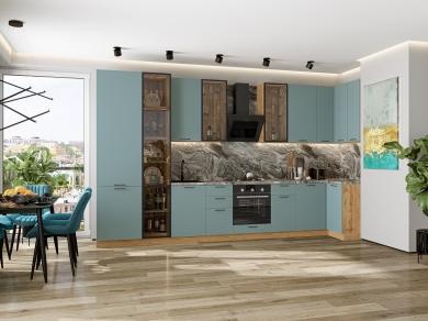 Угловая кухня Флэт-05 (полки Стекло) Grey-green In 2S / Дуб Вотан
