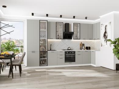 Угловая кухня Флэт-05 (полки Стекло) Light Grey In 2S / Белый