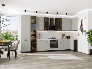 Угловая кухня Флэт-05 (полки Стекло) Light Grey In 2S / Graphite
