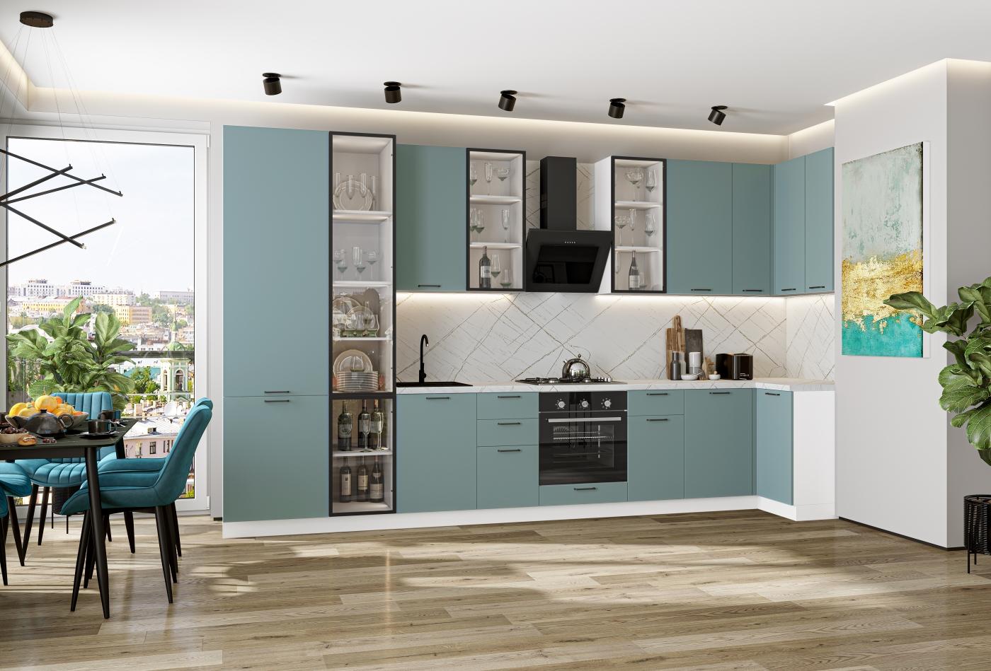 Угловая кухня Флэт-05 (полки ЛДСП) Grey-green In 2S / Белый