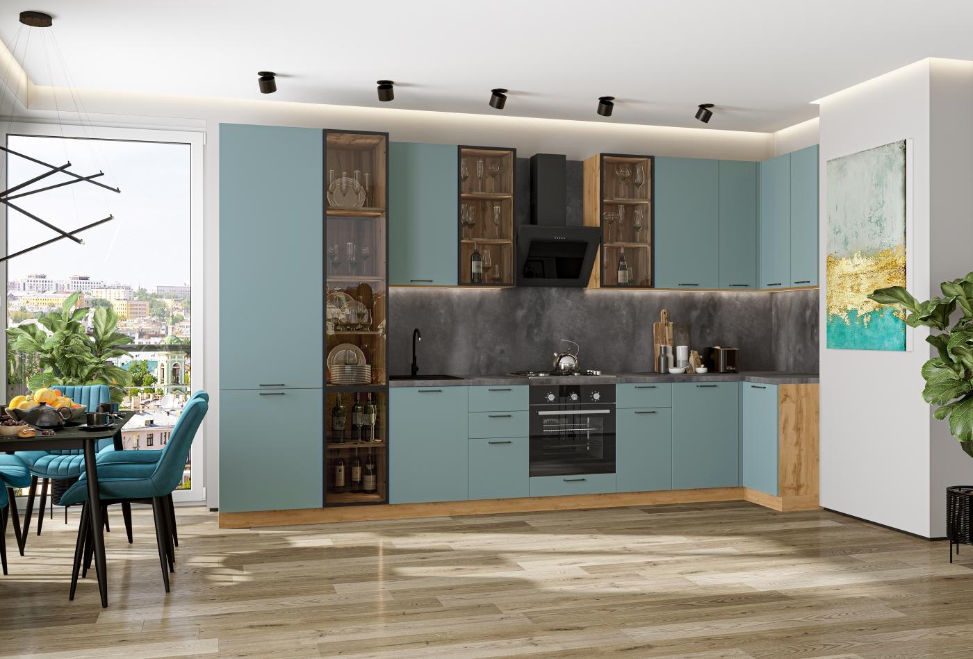 Угловая кухня Флэт-05 (полки ЛДСП) Grey-green In 2S / Дуб Вотан