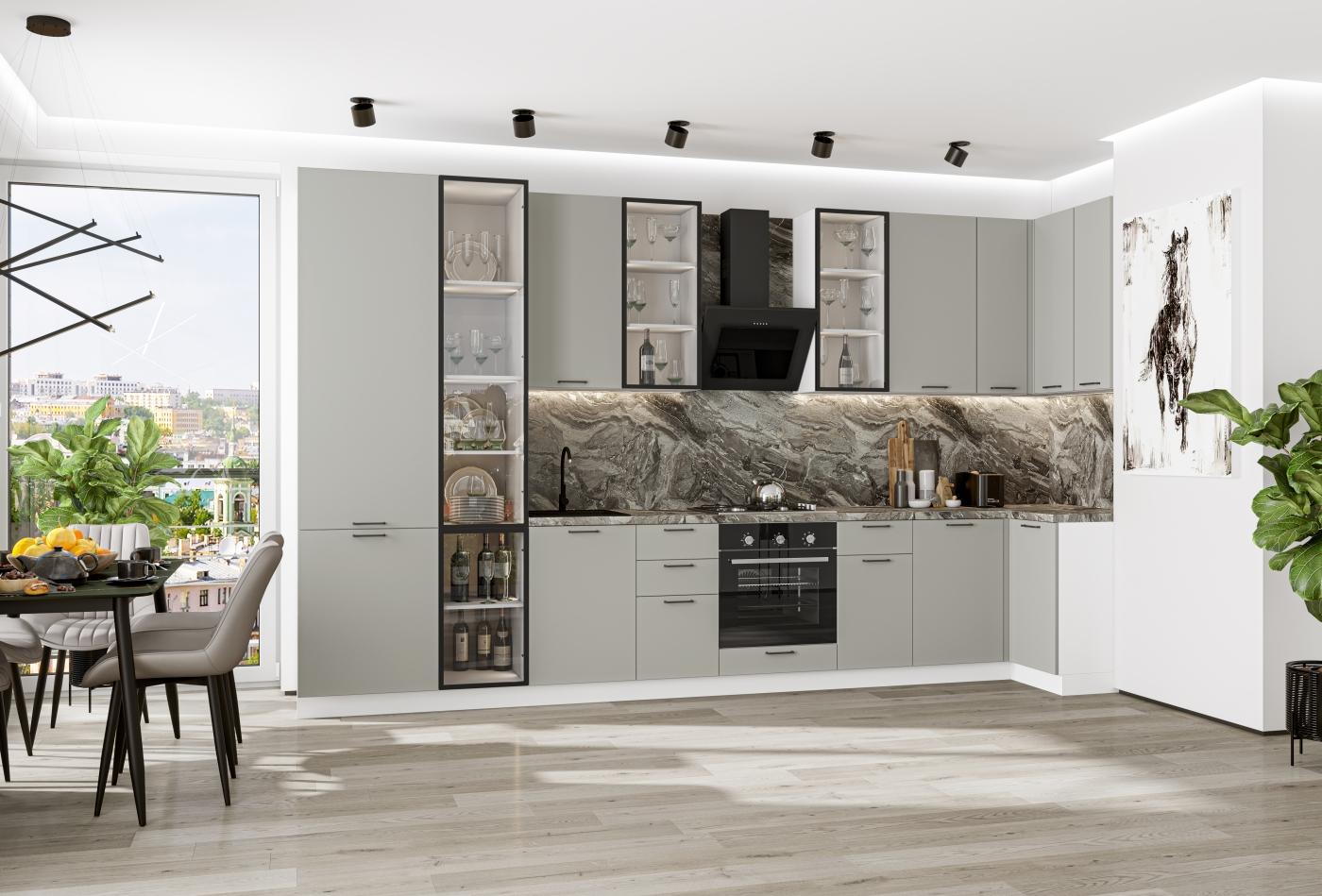 Угловая кухня Флэт-05 (полки ЛДСП) Light Grey In 2S / Белый