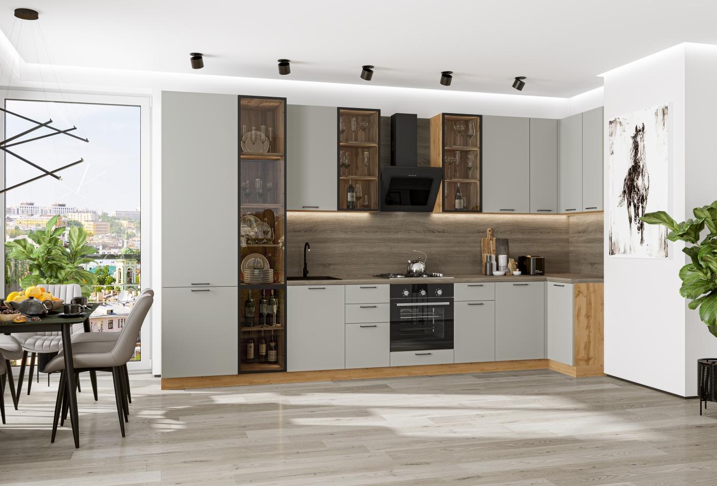 Угловая кухня Флэт-05 (полки ЛДСП) Light Grey In 2S / Дуб Вотан