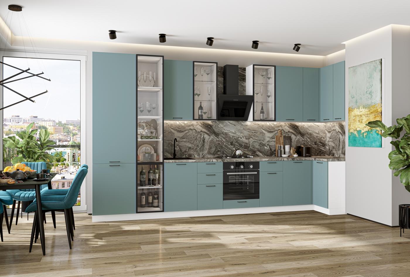 Угловая кухня Флэт-05 (полки Стекло) Grey-green In 2S / Белый