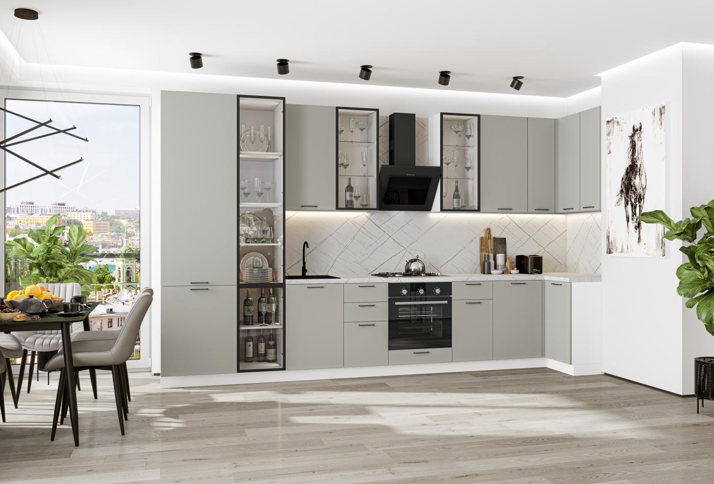 Угловая кухня Флэт-05 (полки Стекло) Light Grey In 2S / Белый